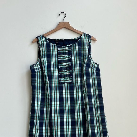 Talbots Blue Green Tartan Plaid Sleeveless Ruffle Stretch Sheath Dress Size 12 - Picture 4 of 12